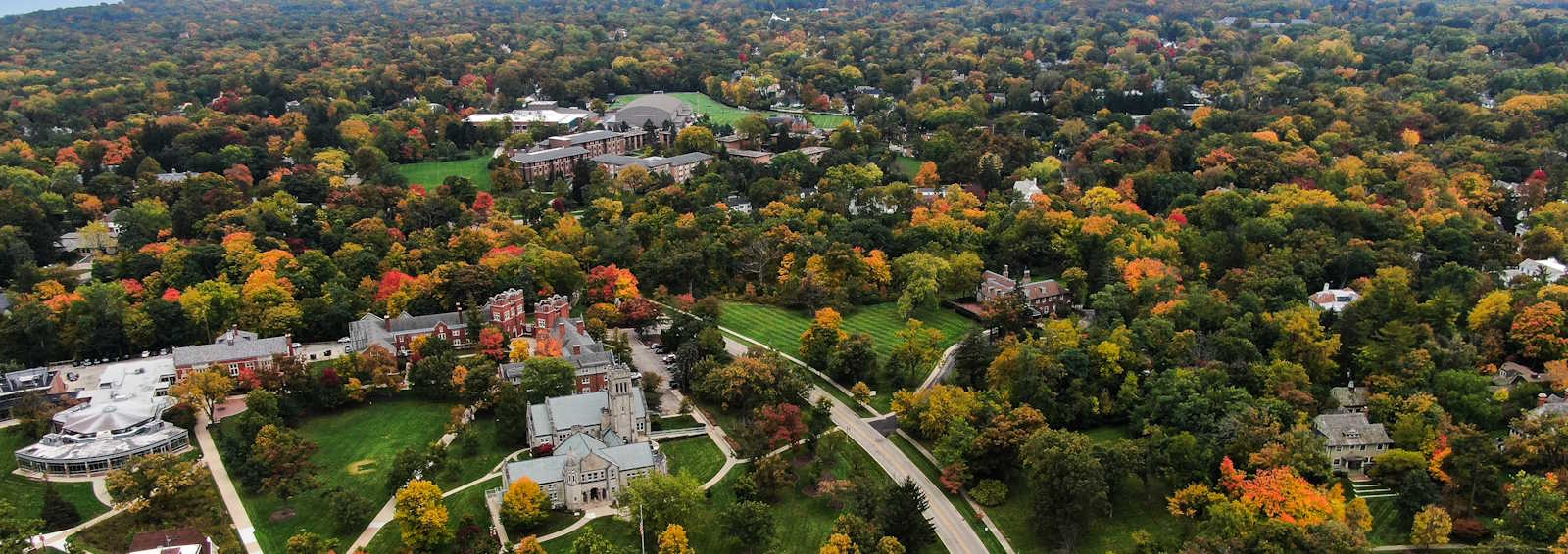 aerial view of campus in the fall