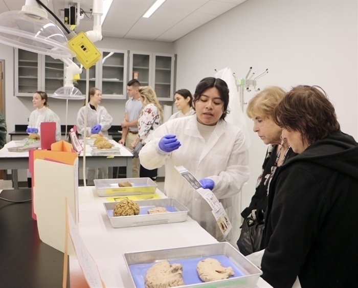 Student in lab explaining brain disease