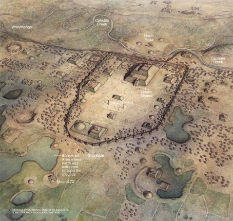 This rendering of the Cahokian city shows what it may have looked like around its peak.