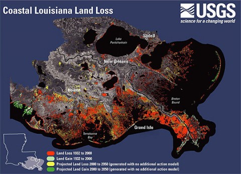 This map identifies land lost and projected land loss of southeast Louisiana. 