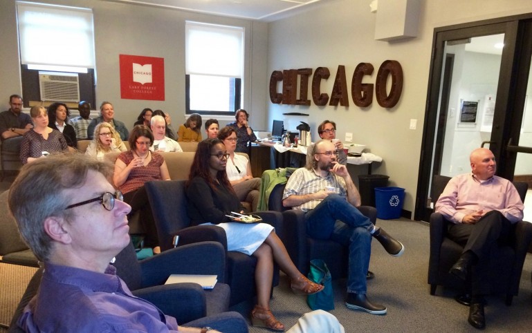 Faculty and staff gather in the Center for Chicago Programs for the Digital Chicago Seminar.