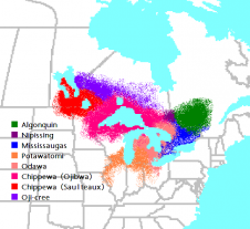 Orange represents the greatest extent of the Potawatomi language. other colors represent related Anishinaabe languages