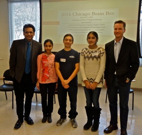 Top three winners of the Chicago Brain Bee. From left: Shubhik DebBurman, PhD, of Lake Forest College; Vidya Babu of Illinois Math and Science Academy (3rd place); Cisco Vlahakas of Northside College Prep (1st place); Zarin Tabassum of Indiana Academy of Science, Mathematics (2nd place); and Michael Calik, PhD, of the University of Illinois at Chicago.